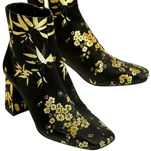 ZARA Satin Gold Embroidered Floral Ankle Boots